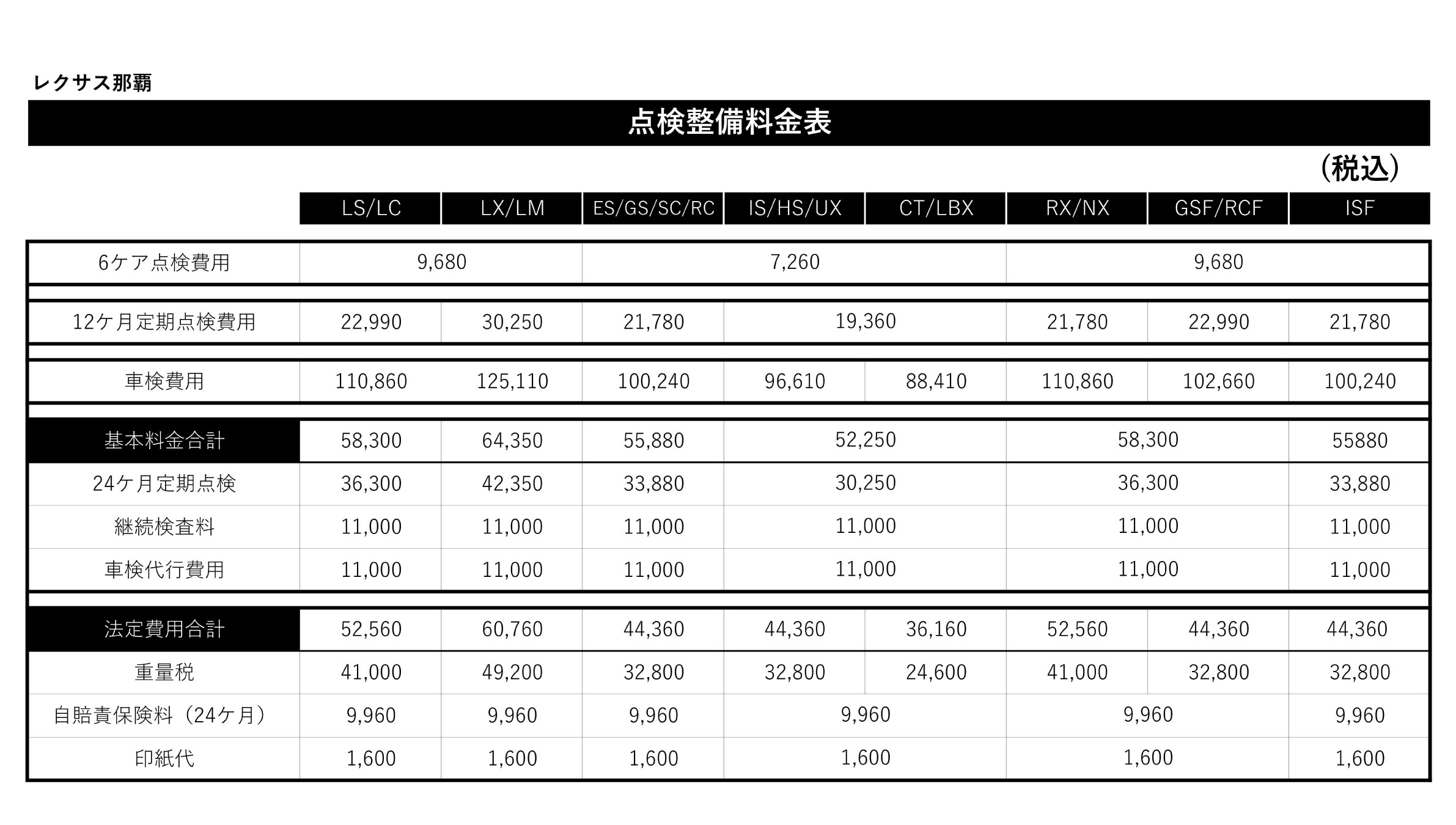 レクサス那覇料金表 | OKINAWA TOYOTA